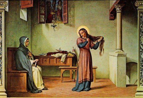 Catherine of Siena Cutting Her Hair (c1895) by Alessandro Franchi, Wikimedia Commons