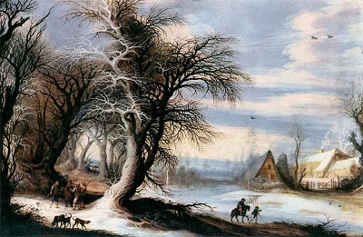 Winter Landscape with Woodcutters by Gijsbrecht Leytens, National Gallery in Prague, Wikimedia Commons